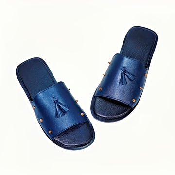 Premium Navy Blue Leather Tassel Chappal - 614